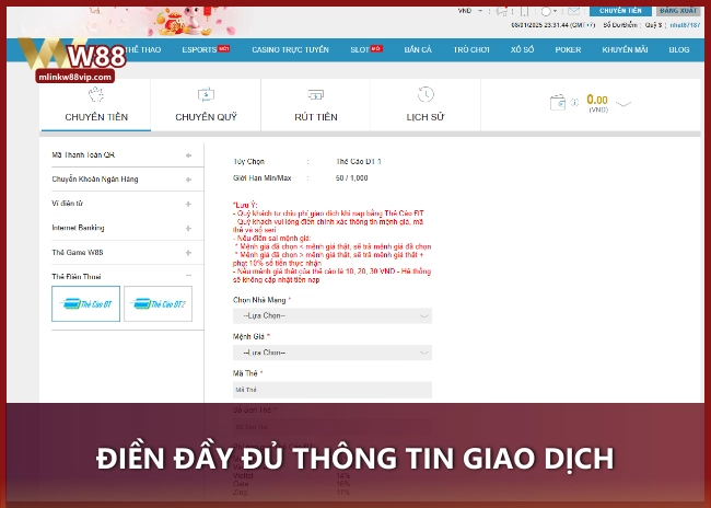 Điền đầy đủ thông tin giao dịch