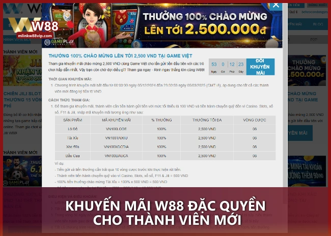 Khuyến Mãi W88 đặc quyền cho thành viên mới