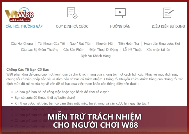 Miễn trừ trách nhiệm cho người chơi W88