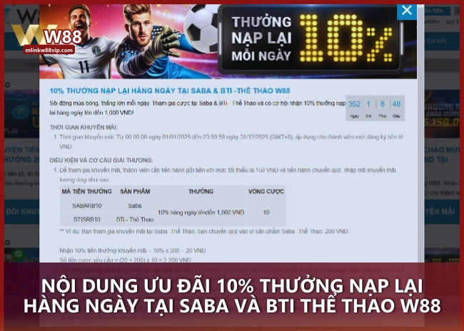 Nội dung ưu đãi 10% thưởng nạp lại hàng ngày tại SABA và BTI của Thể Thao W88